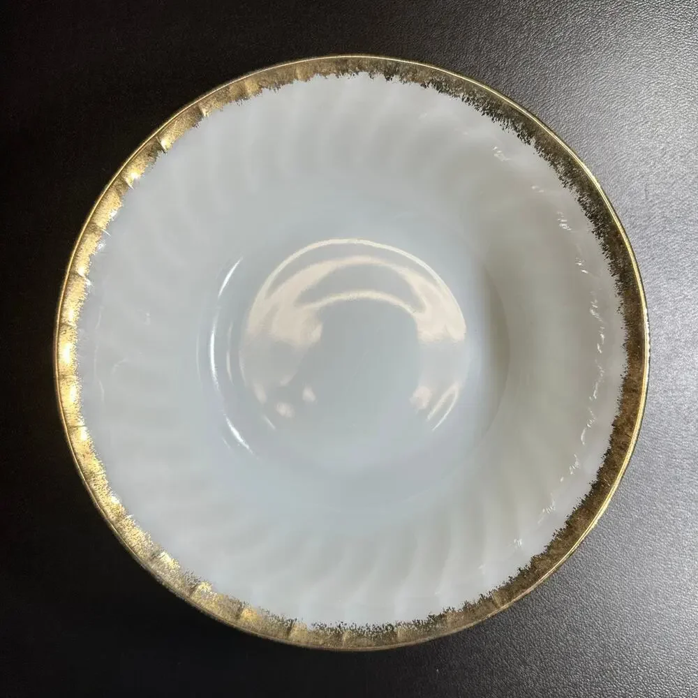 Vintage Fire King Oven Ware Gold Trimmed Milk Glass Swirl 8
